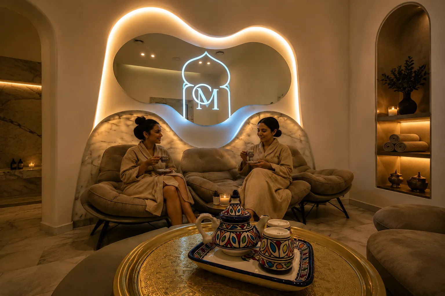 Salle de repos : banquette en marbre, monogramme rétroéclairé et thé à la menthe sur plateau en laiton