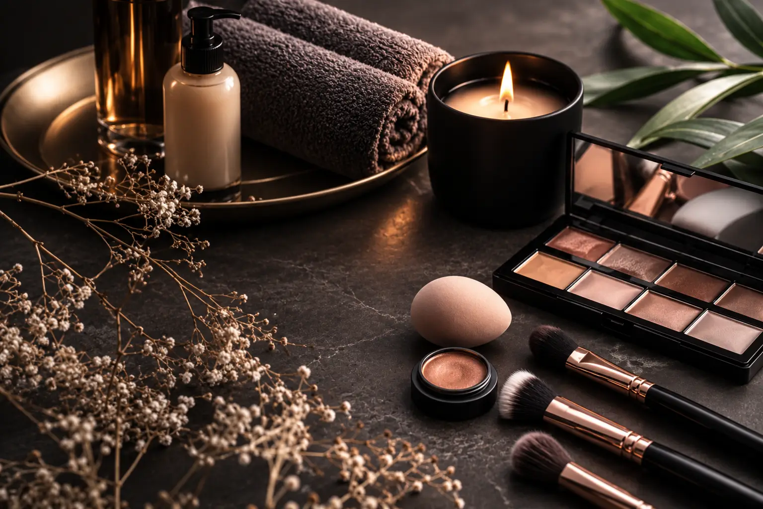 Produits de maquillage, pinceaux et bougie sur un plateau de laiton chez Costamar