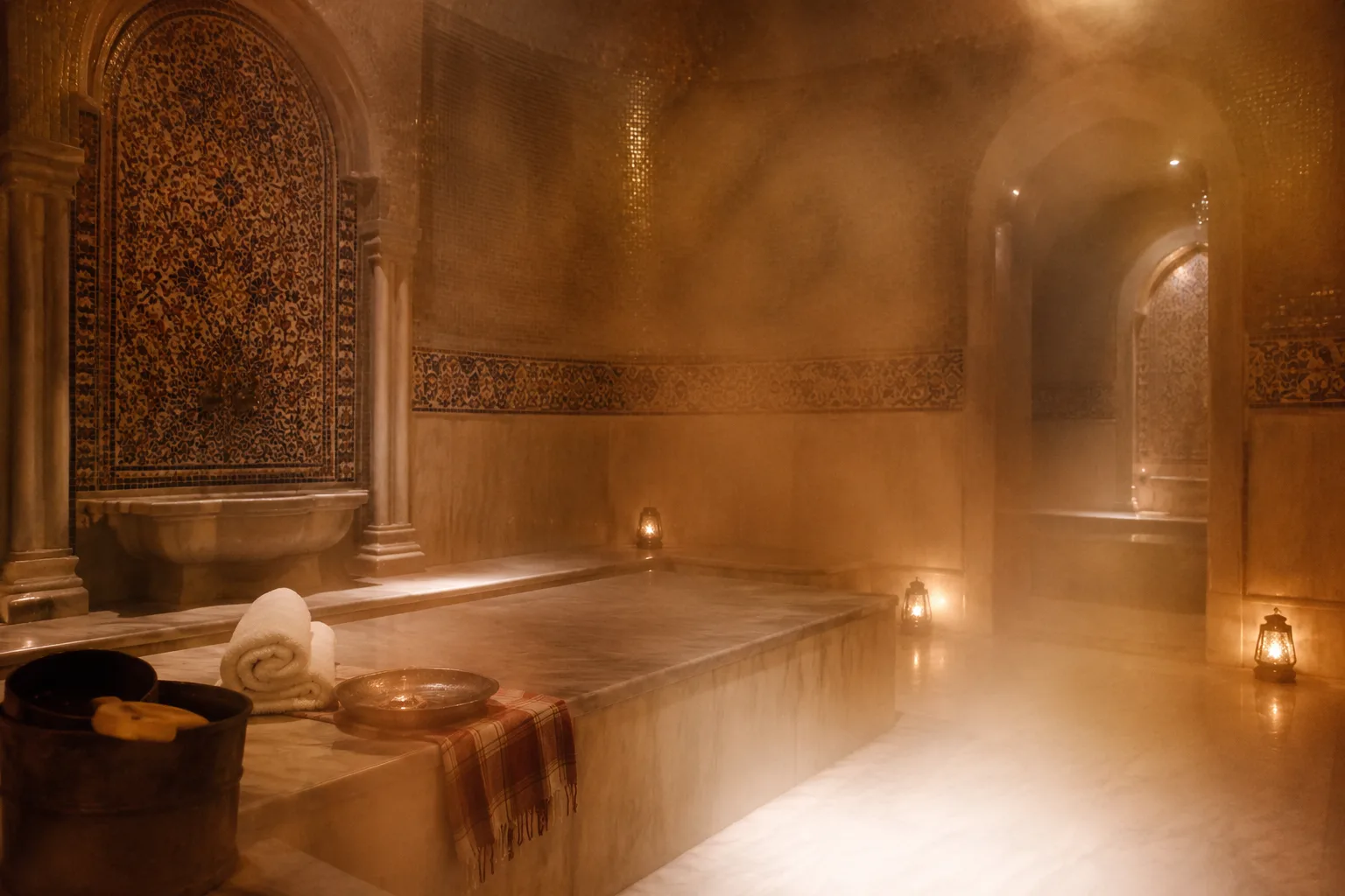 La salle de vapeur en marbre de Costamar, éclairée aux lanternes, avec ses banquettes chauffées