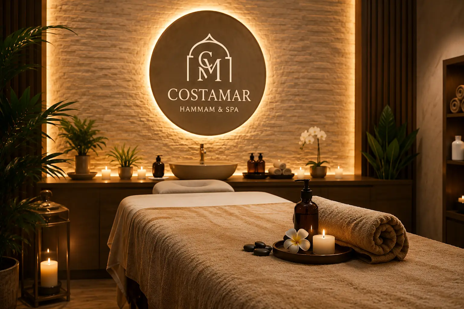 Soin du corps dans une cabine de massage Costamar, à la lumière des bougies