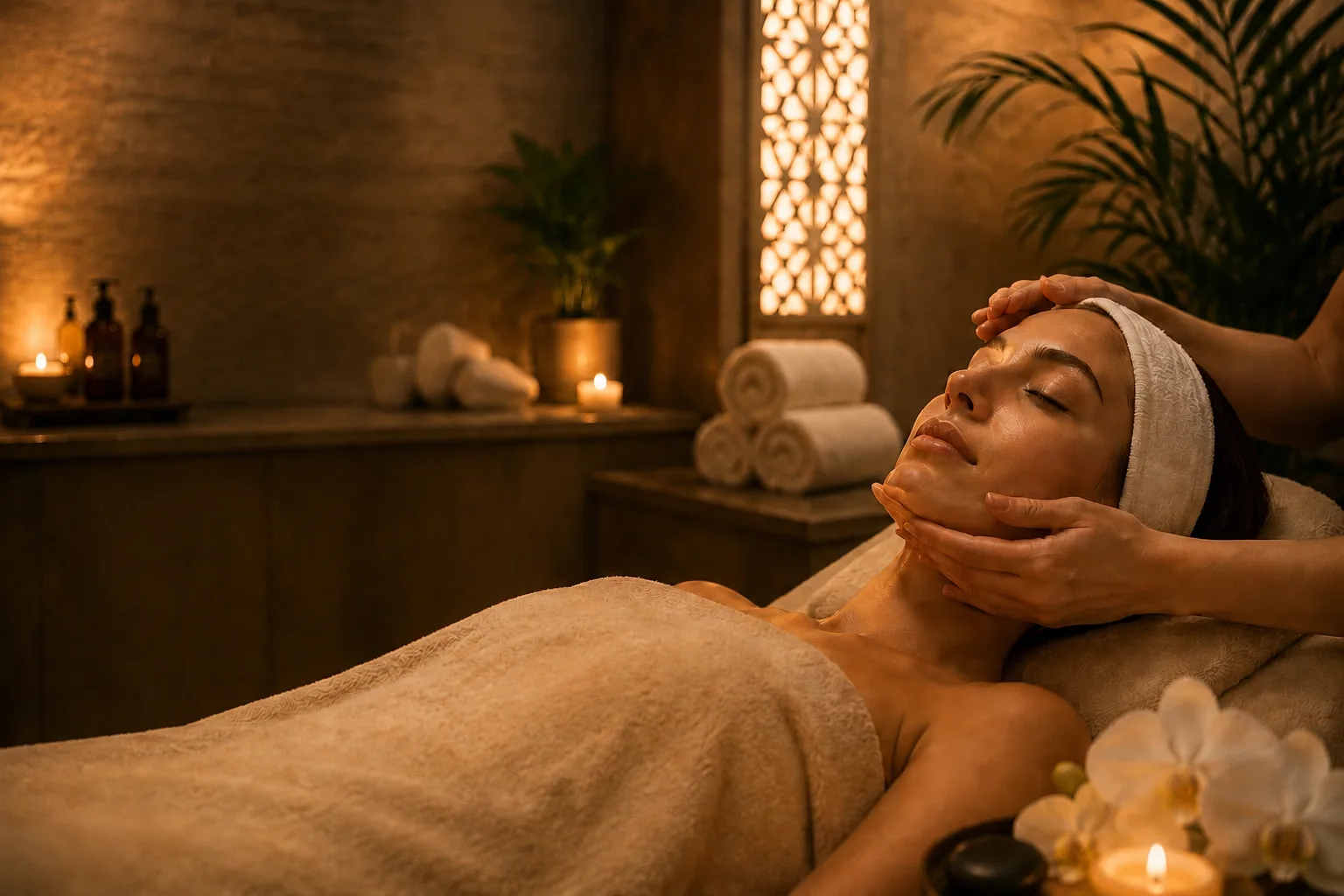 Soin du visage chez Costamar, praticienne massant le visage d'une cliente allongée